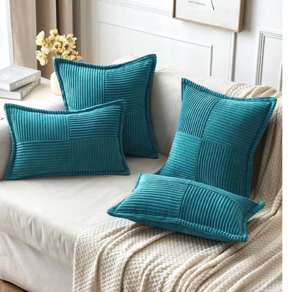 ‘Car Home Office Outdoors’ Striped Patchwork Corduroy Pillow Covers TEAL BLUE